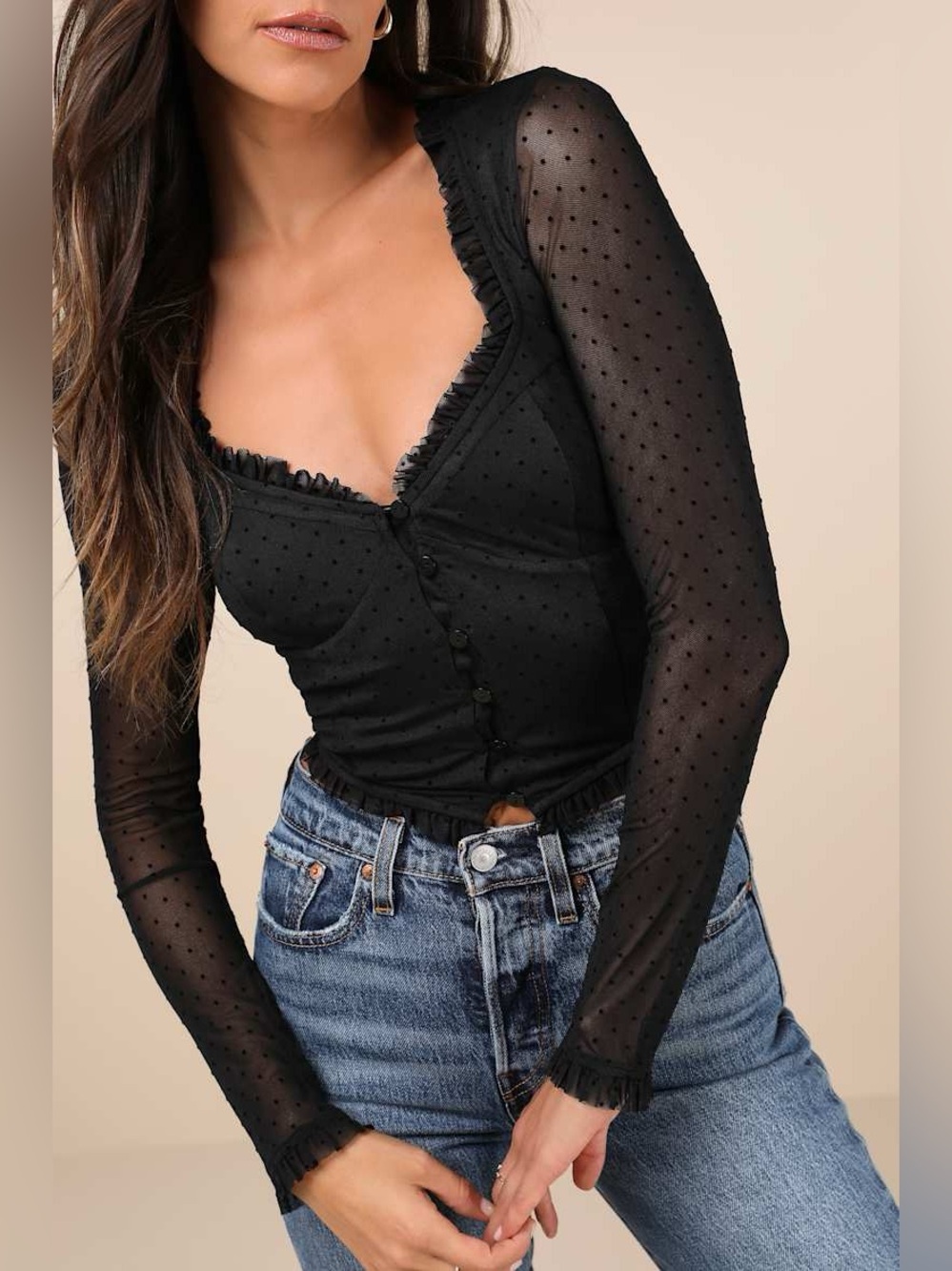 NEW LULUS BLACK LONG SLEEVE MESH BUSTIER TOP